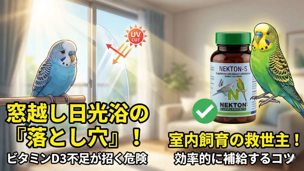 ビタミンD3不足と日光浴の関係を示す画像。窓ガラス越しでは紫外線が遮断され軟卵や卵詰まりのリスクが増加。