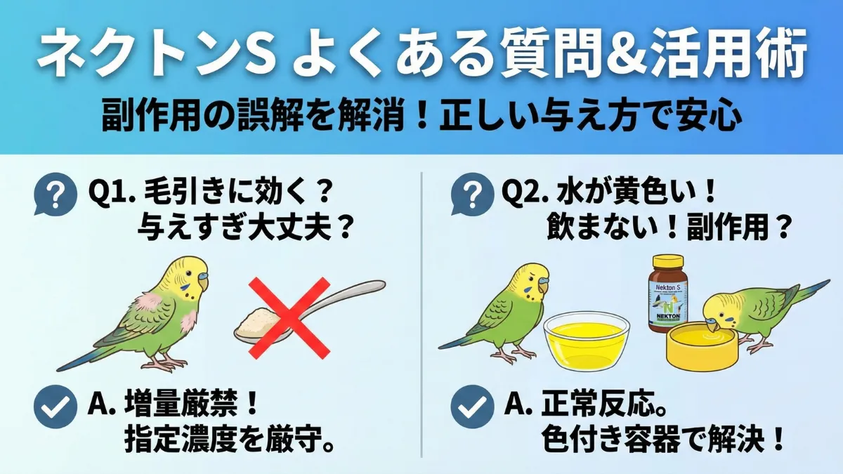ネクトンSに関するよくある質問を示す画像。毛引き・水の色変化・副作用への疑問と回答をまとめたFAQ。