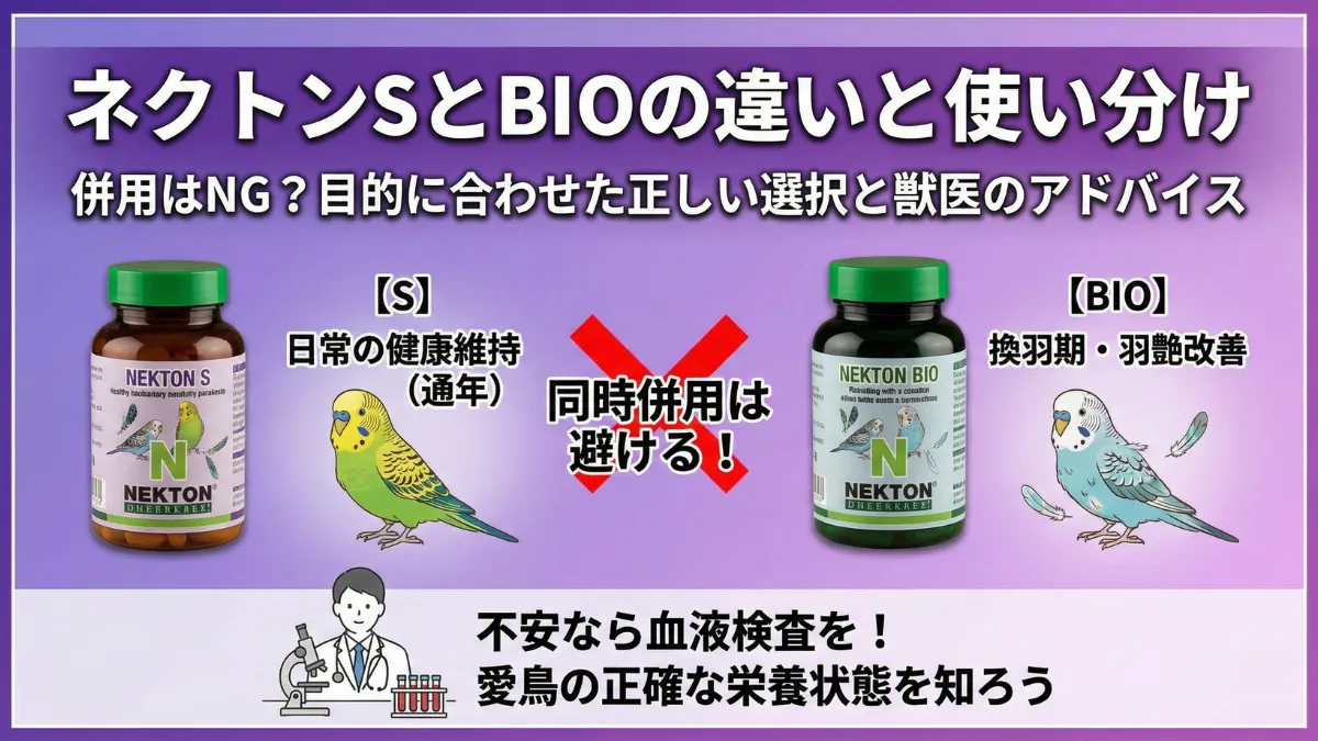 ネクトンSとネクトンBIOの使い分けを示す画像。日常的健康維持のSと換羽期専用のBIOの違いを比較。