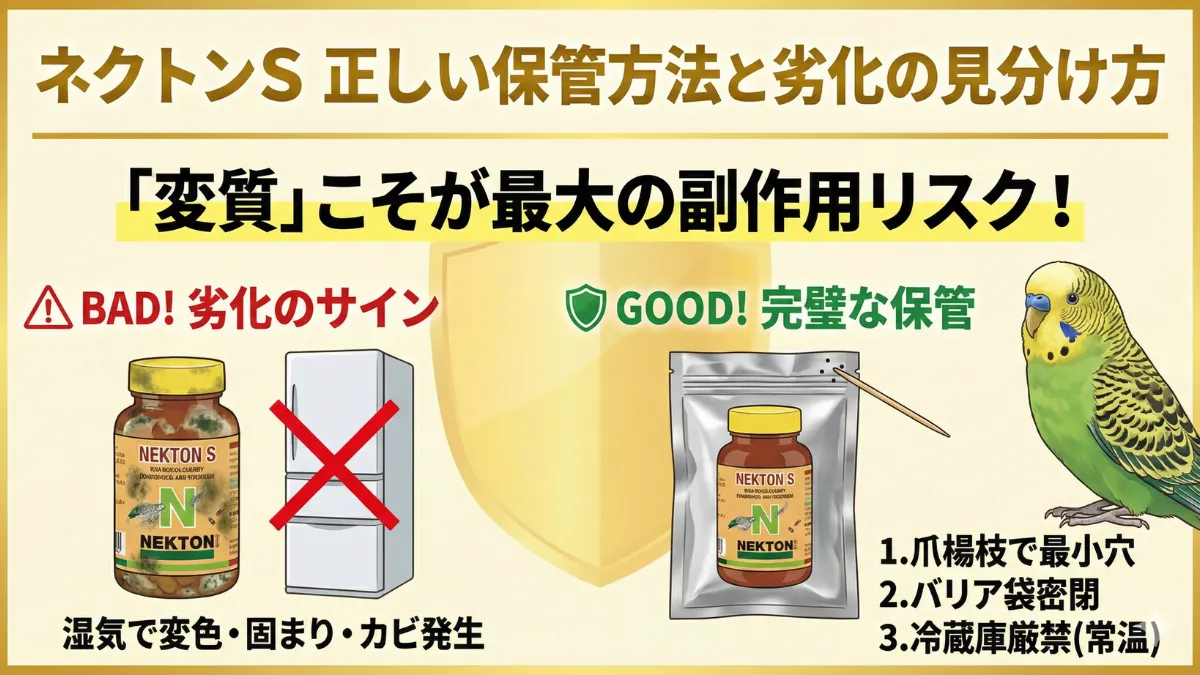 ネクトンSの正しい保管方法を示す画像。爪楊枝で開封・バリア袋密閉・常温保存の3ステップを解説。