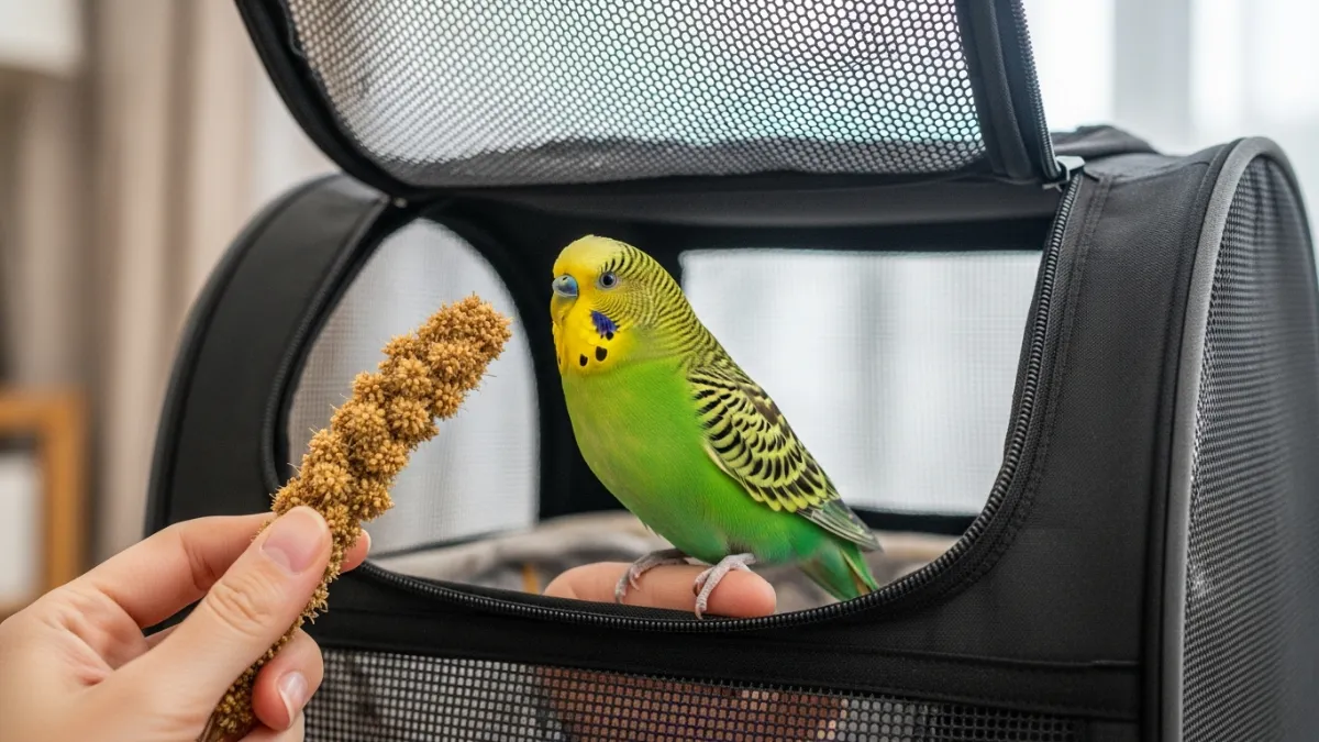 インコ用リュック型キャリーケースの使用例。両手が空いて避難時に便利で、鳥も安心して入っている。