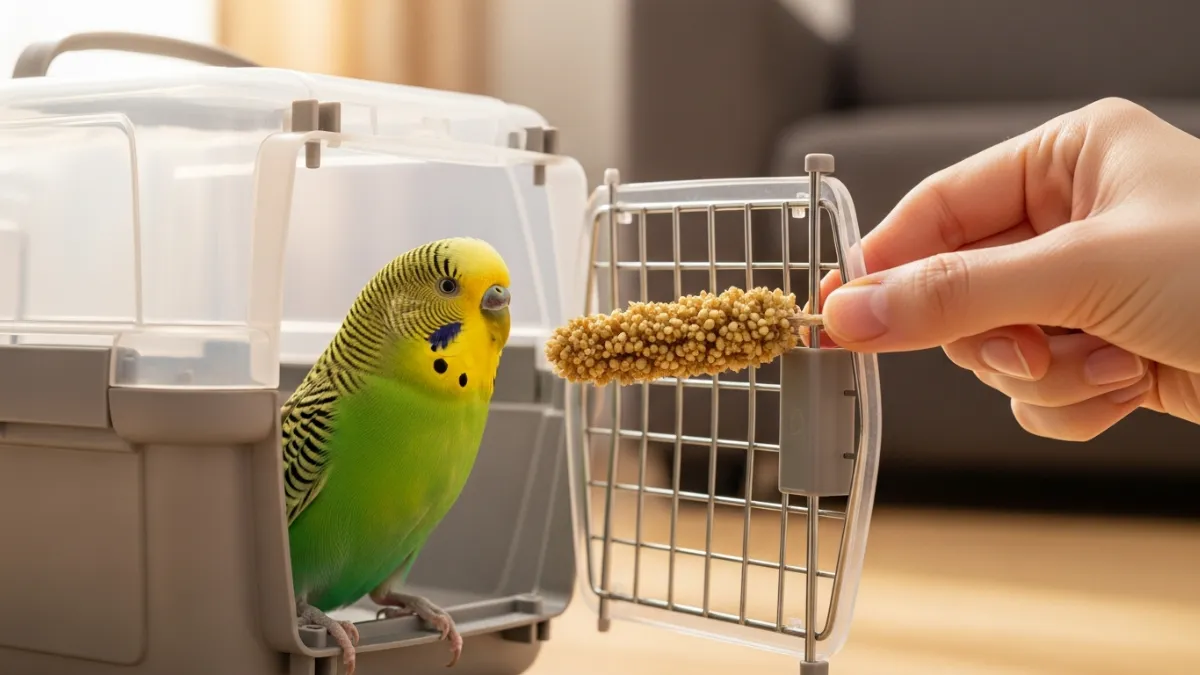 インコがキャリーケースに自分から入るトレーニング風景。おやつで誘導し、楽しい場所と認識させる。