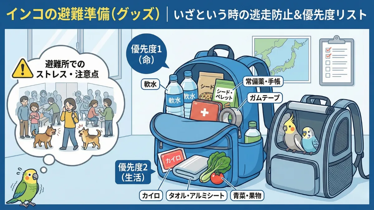 インコの防災リュックとキャリーケースの中身一覧。餌・水・カイロ・タオルなど避難グッズを準備。
