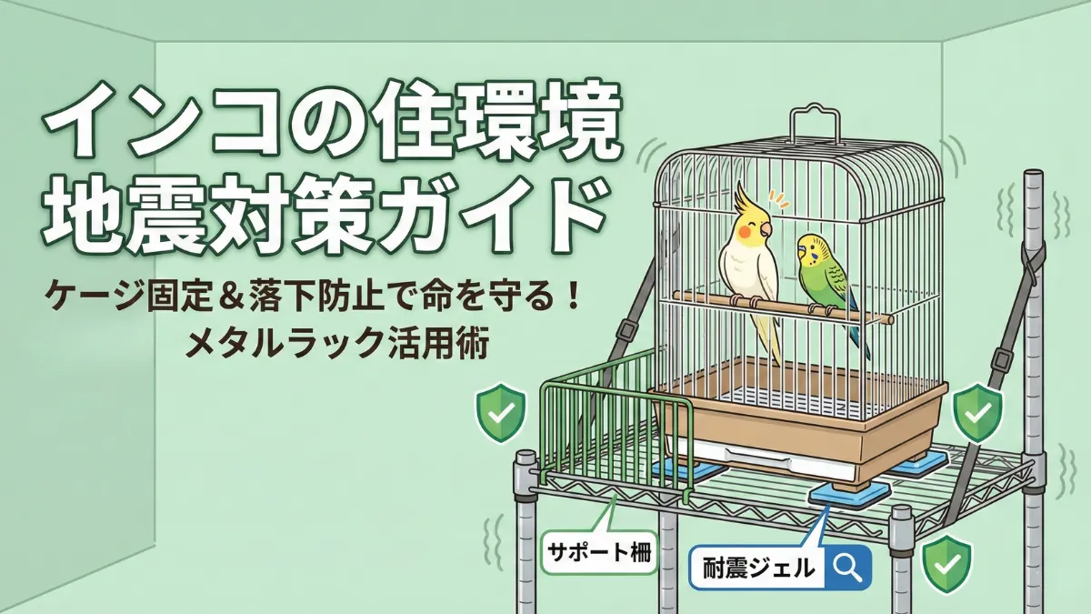 地震対策でメタルラックに耐震ジェルと落下防止柵を設置している様子。インコのケージを固定して転倒を防ぐ。