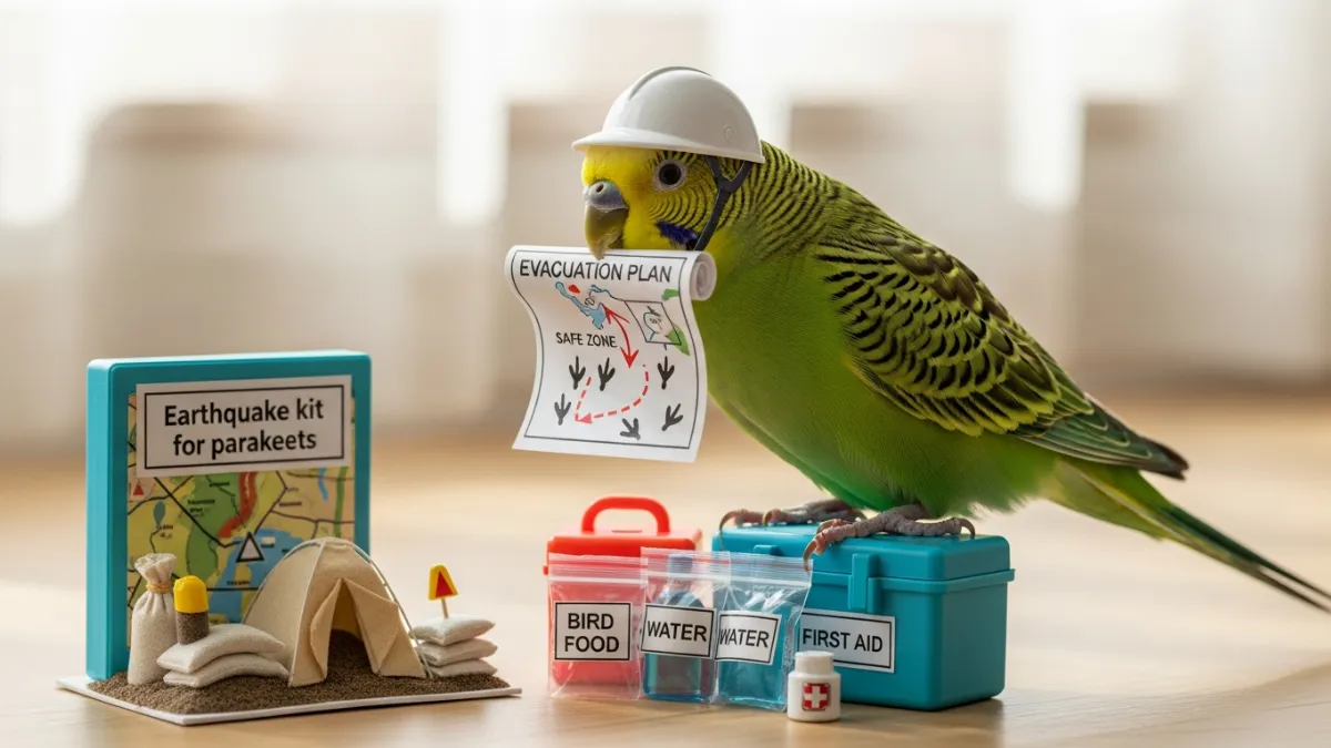 インコの防災対策を完璧にした飼い主と愛鳥が安心している様子。固定したケージとキャリーが備えられている。