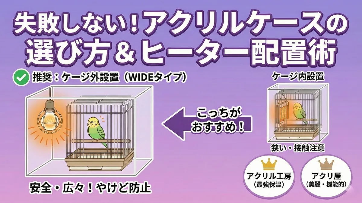 アクリルケース選びのポイントとヒーター配置を示す図解。WIDEタイプと標準タイプの違いを比較