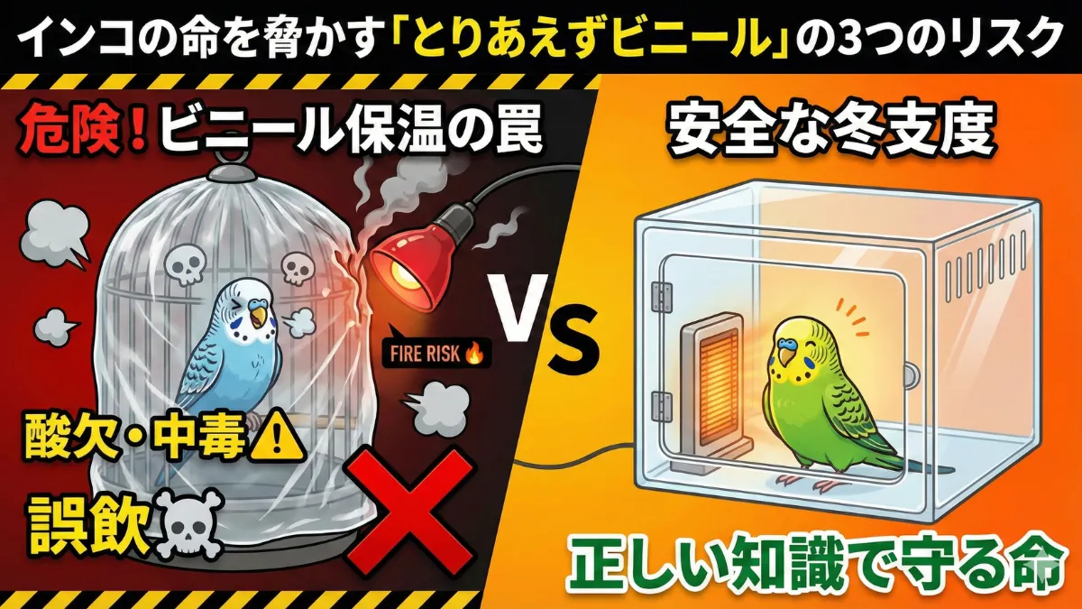 ビニールカバーでケージを覆ったインコ。ビニールによる酸欠・中毒・火災のリスクを示す警告イメージ