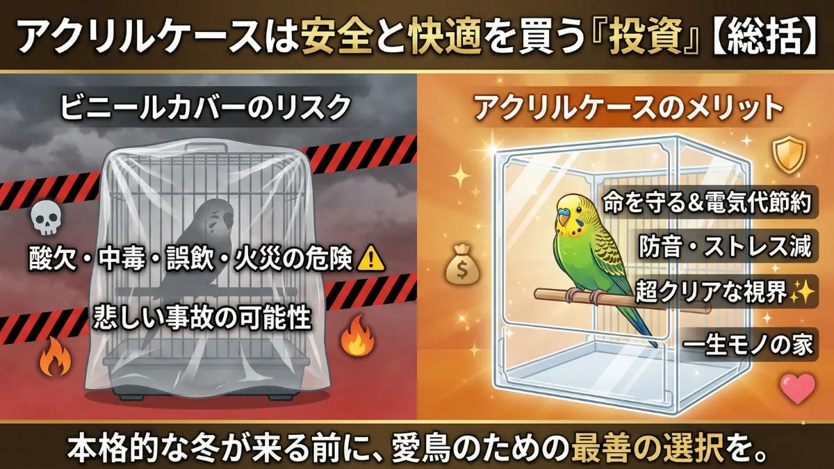 アクリルケース導入によるメリット総括。愛鳥の安全・電気代節約・防音効果・美しい視界を得られる最高の投資
