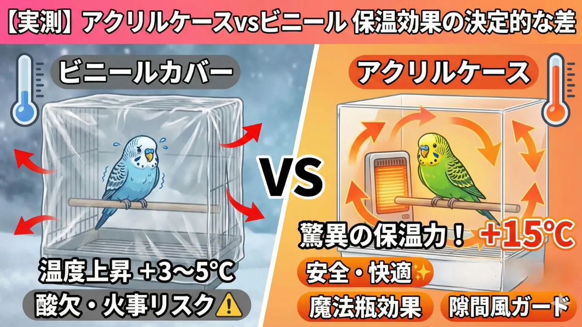 アクリルケースとビニールカバーの保温効果を比較した実測データ。温度差が一目でわかるグラフ