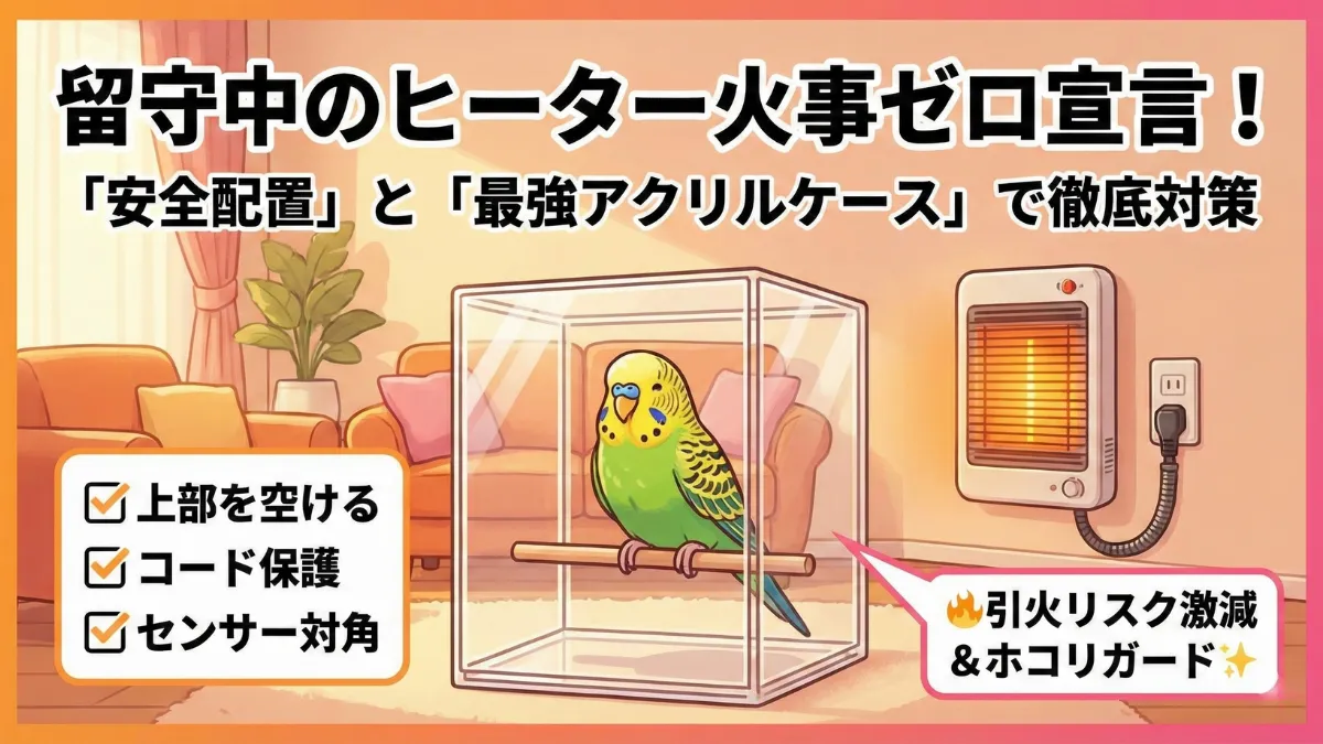 インコ用ヒーターの安全配置を示す画像。コードの保護・布カバーとの距離・サーモセンサーの位置など火事を防ぐレイアウトの鉄則を図解