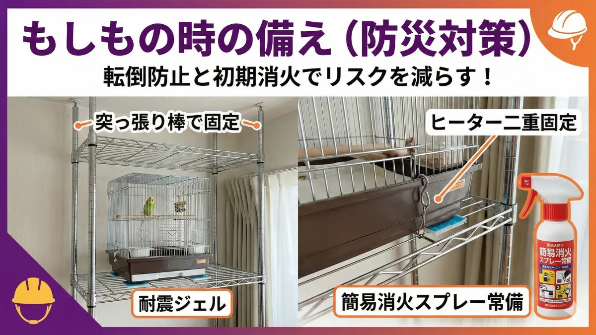 インコケージの防災対策を示す画像。ヒーター転倒防止の固定方法・消火器の配置など地震や災害に備えた安全な飼育環境