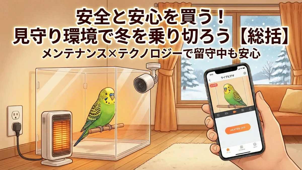 スマートプラグとペットカメラで管理されたインコの保温環境の画像。外出先からも安全に見守れる最新の飼育システムの全体像