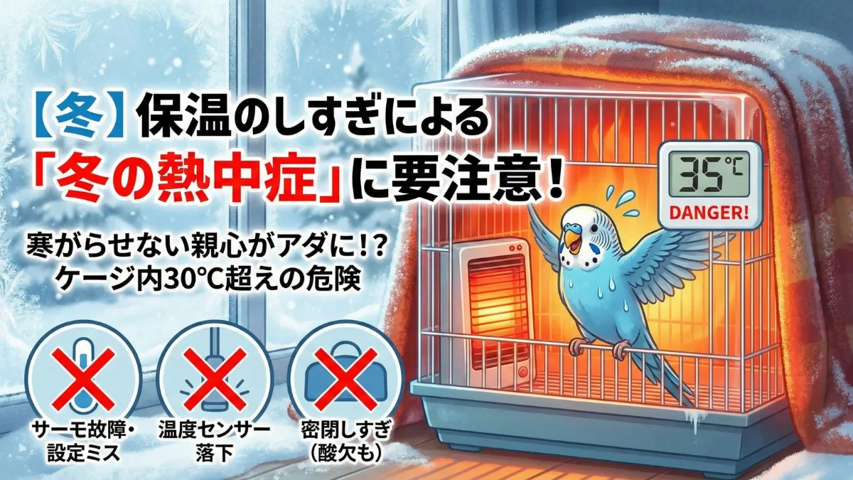 冬のインコの保温のしすぎによる熱中症事故を警告する画像。ヒーター暴走・密閉しすぎ・温度計の重要性を図解。