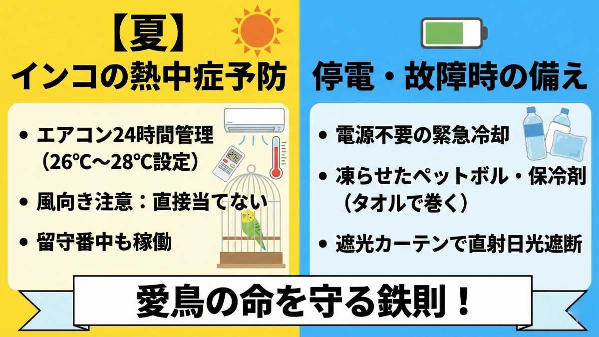 夏のインコの熱中症予防を示す画像。エアコン設定26-28℃・24時間稼働・停電対策グッズを図解。