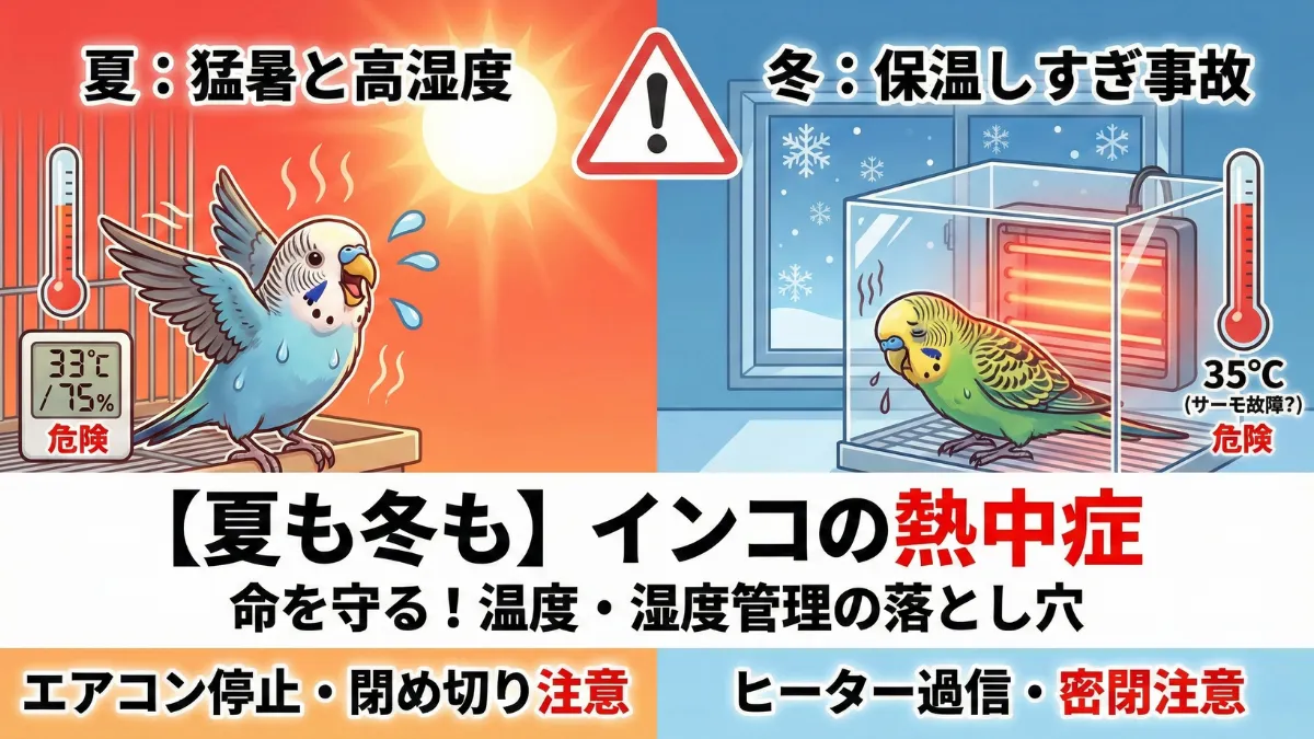 インコの熱中症は夏だけでなく冬の保温のしすぎでも起こることを示す図。開口呼吸するインコと温度計を背景にした危険な状態のイラスト。