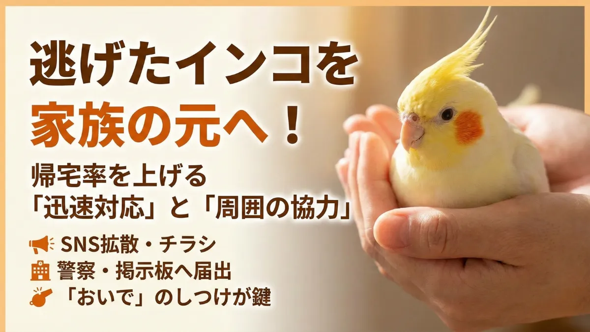 無事に保護されたオカメインコルチノー。飼い主の手の中で安心した表情を見せ再会の喜びに包まれている様子