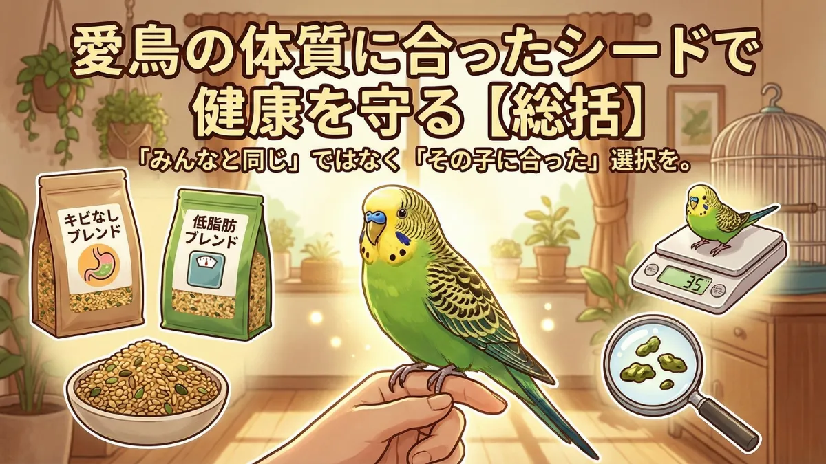 セキセイインコが健康なシードを食べている幸せそうな様子を示す画像