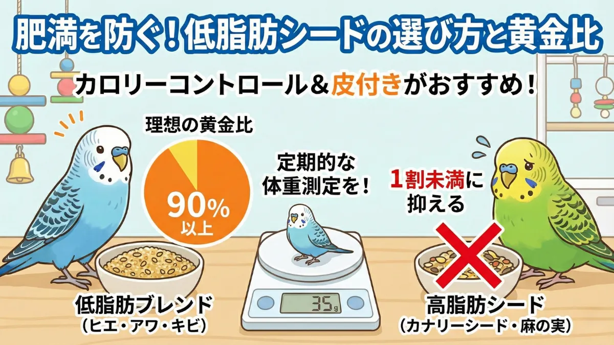 低脂肪シードの配合バランスを示す図。ヒエ・アワ・キビなどの割合を解説