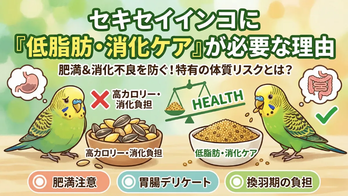 セキセイインコ向けの低脂肪シードと消化に優しいブレンドが並んでいる様子