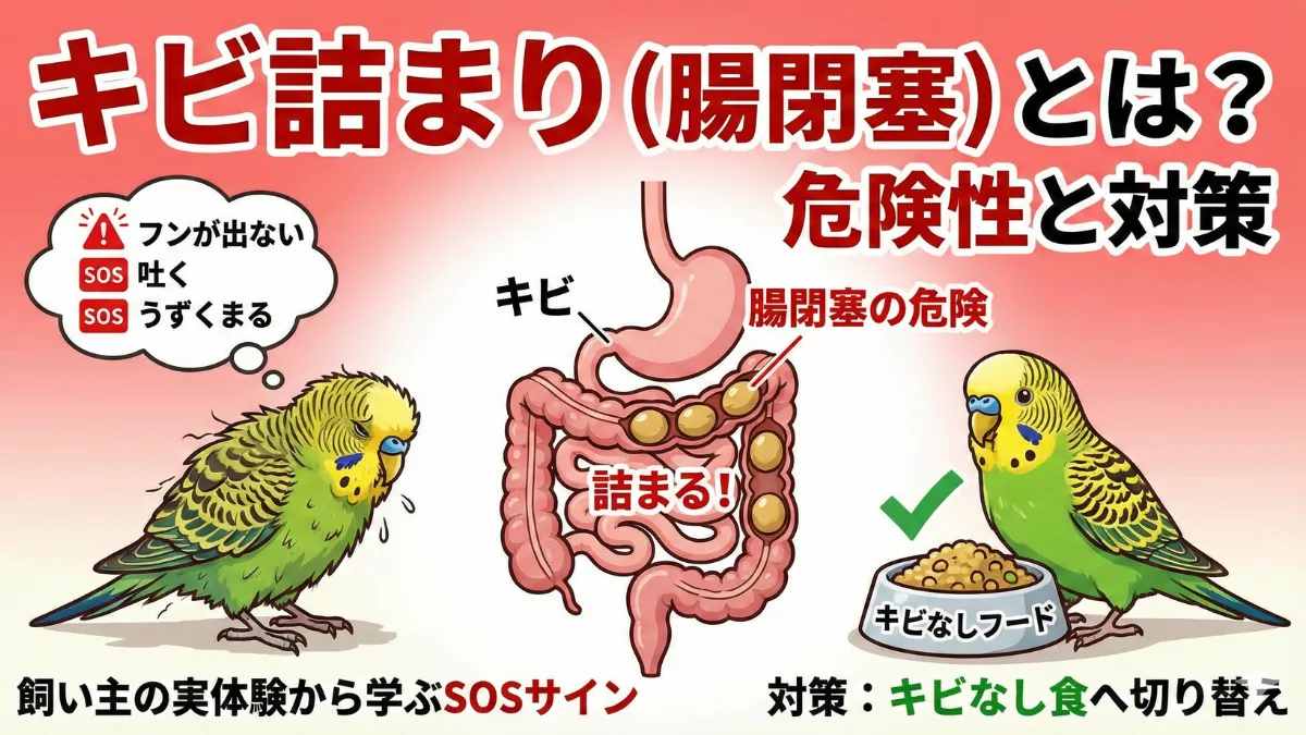 セキセイインコのキビ詰まり（腸閉塞）のリスクと症状を解説した図