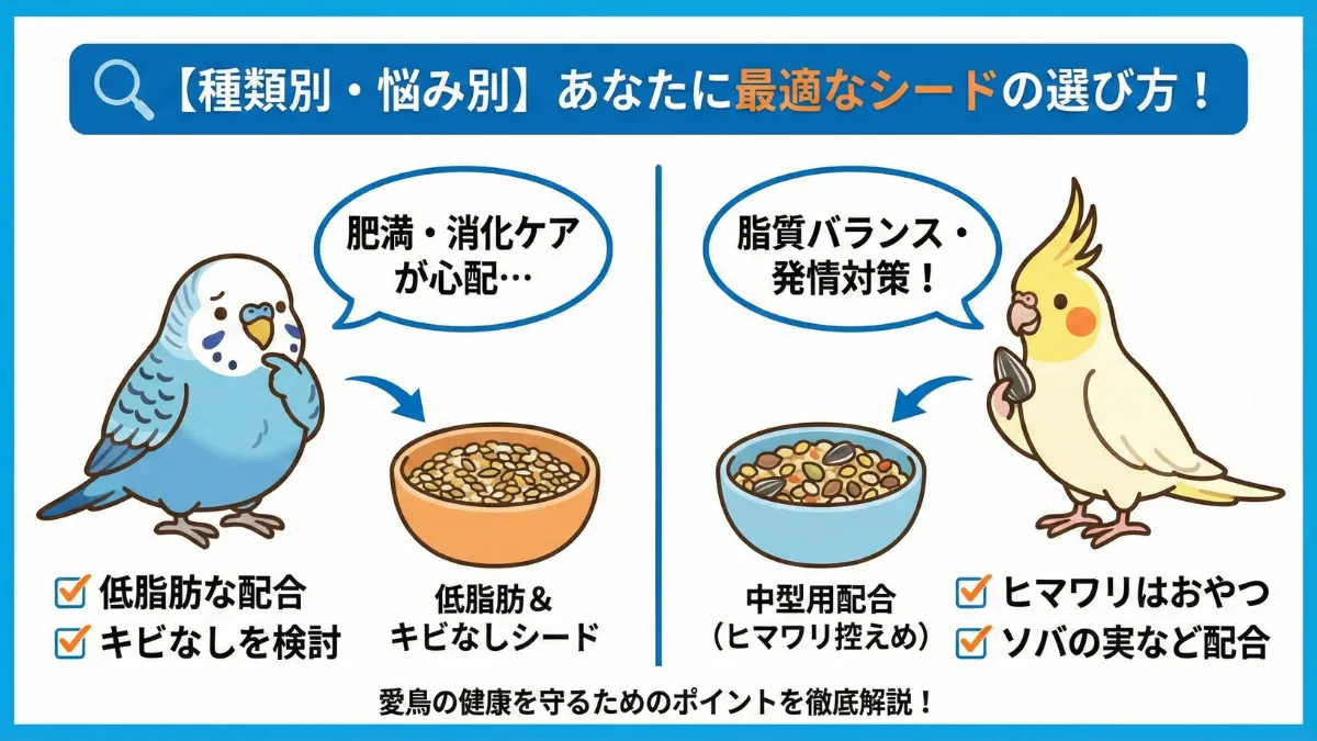 セキセイインコとオカメインコの種類別シード選び方を示す画像。肥満対策の低脂肪配合と発情対策の脂質バランスを解説。