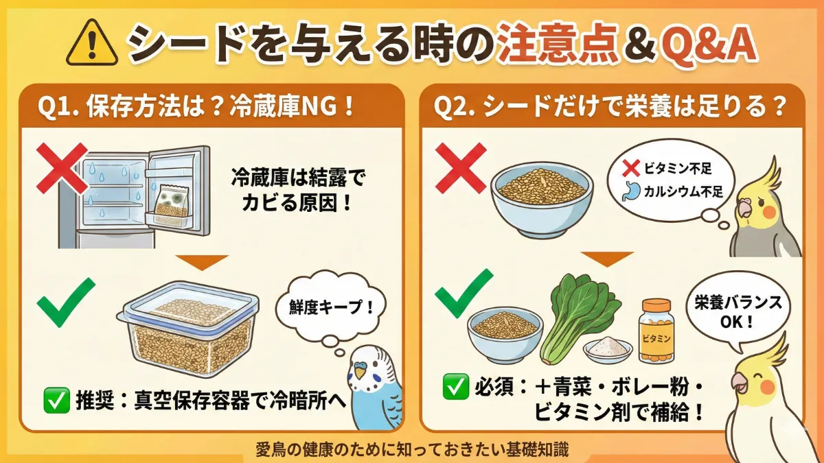 シードの保存方法と栄養バランスに関するQ&Aを示す画像。真空保存容器による冷暗所保管と青菜やボレー粉の併用を解説。