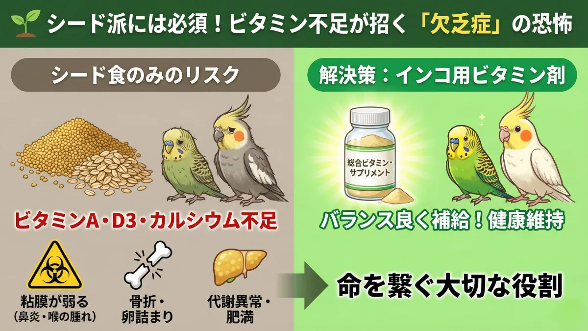 シード食のインコに必要なビタミン・ミネラル補給。カナリーシードとオーツ麦だけでは不足する栄養素を示す図。