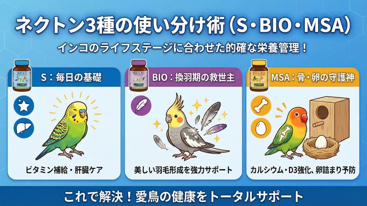 ネクトンS・BIO・MSAの3種類の使い分けを説明する画像。日常用、換羽期用、骨ケア用の違いを図解。