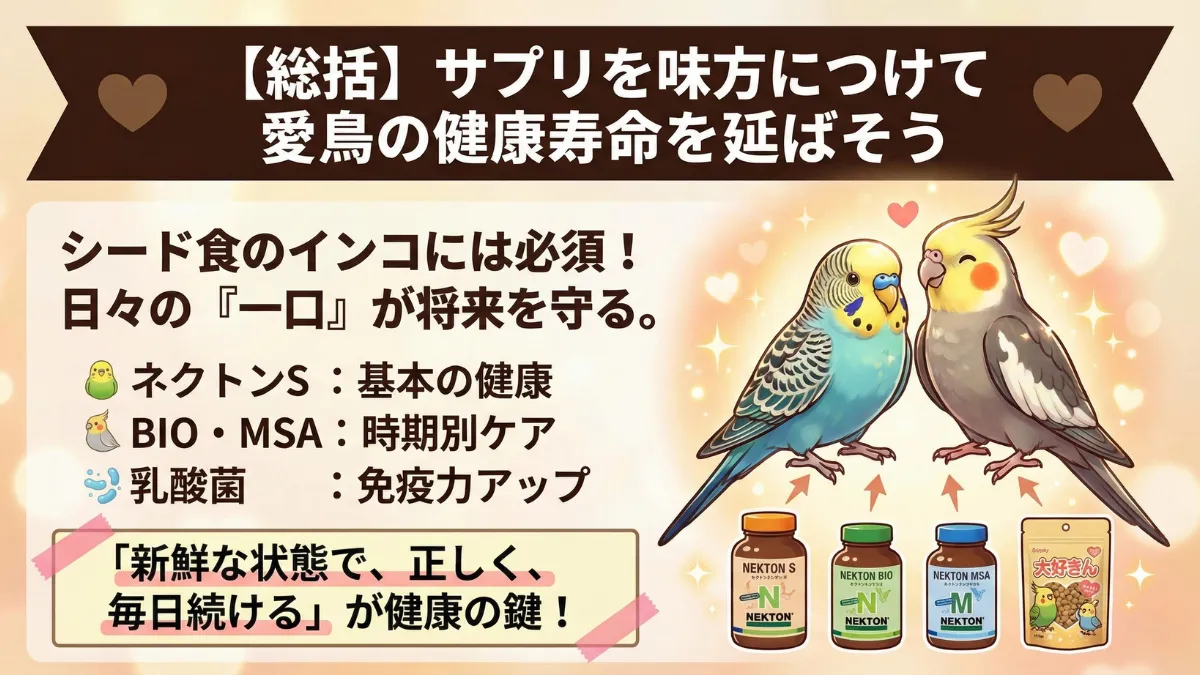 インコの健康寿命を延ばすサプリメント活用術。ネクトンS、BIO、MSAの使い分けと継続の重要性。