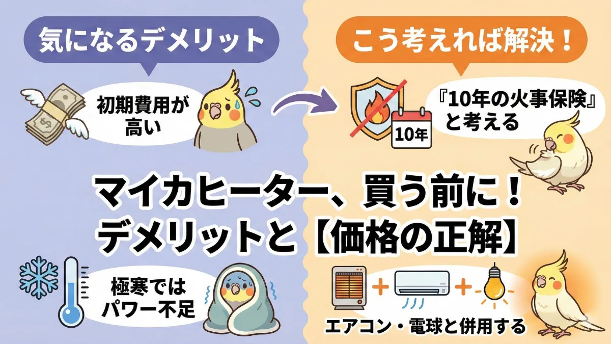 マイカヒーターのデメリット。初期費用が高く極寒環境ではパワー不足だが安全性という保険料と捉える考え方を図解。