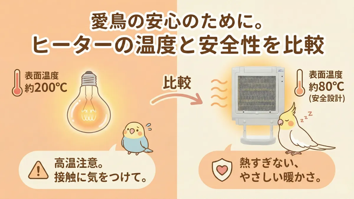 マイカヒーターと保温電球の表面温度比較。マイカヒーター80℃に対し保温電球200℃以上で火災リスクの差を図解。