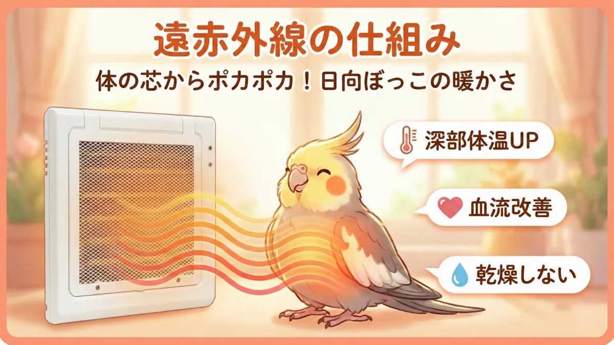遠赤外線マイカヒーターで日向ぼっこのように温まるインコの様子。体の芯から暖かくなる遠赤外線効果を図解。