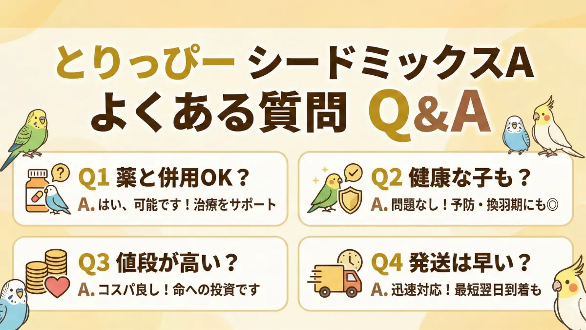 シードミックスAについてのよくある質問。薬との併用・健康な子への給餌・値段・発送速度などのQ&Aを示す画像。
