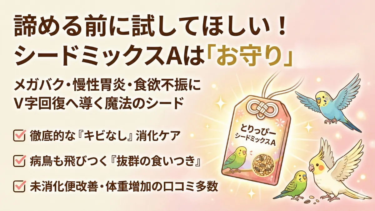 シードミックスAの総括イメージ。メガバク・慢性胃炎の愛鳥の命を支え、V字回復へ導く療法食としての評価を示す画像。