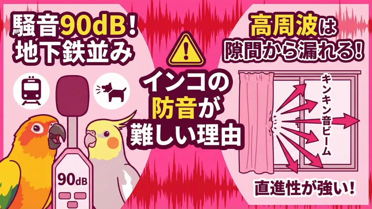 インコの呼び鳴きの騒音レベルが地下鉄の車内と同じ90dBに達することを示すデシベルメーター画像。高周波の声が響く理由を図解。