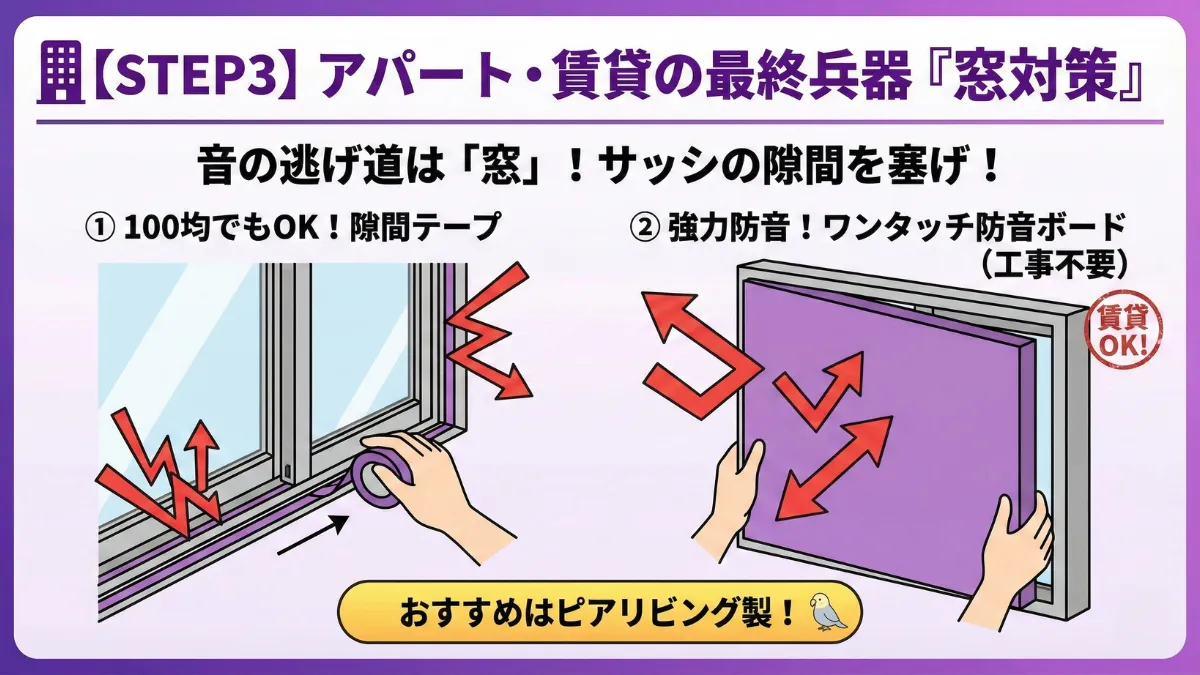 賃貸アパートの窓から音が漏れる仕組みを示す図解。サッシの隙間から高音が漏れる様子と隙間テープでの対策方法を紹介。