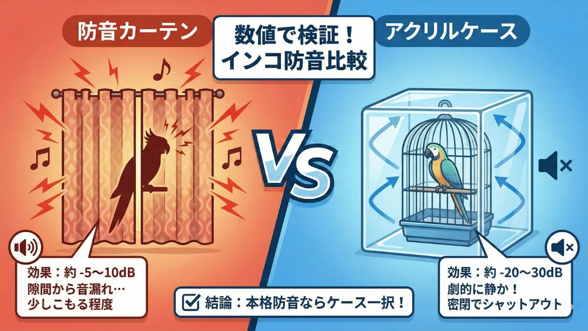 防音カーテンとアクリルケースの効果比較。カーテンは-10dBに対しアクリルケースは-30dBの防音効果を示すグラフ。