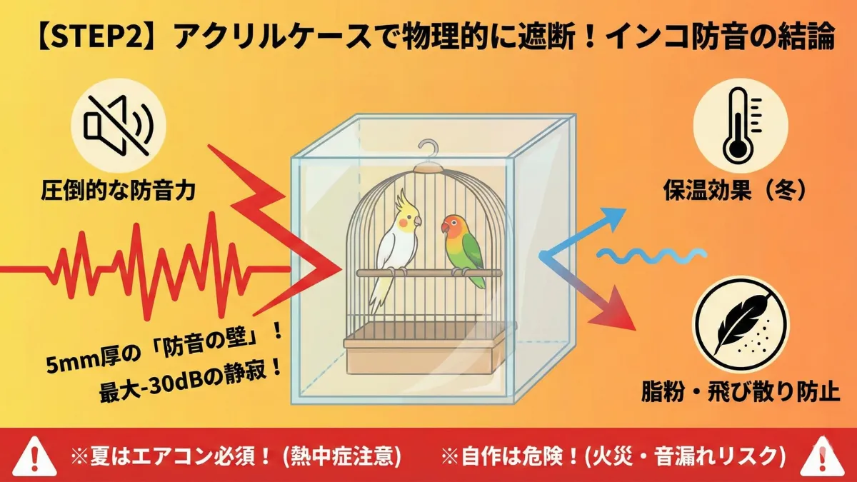 インコのケージを5mm厚アクリルケースで覆った防音対策の実例写真。保温・脂粉防止効果も同時に得られる設置方法を紹介。