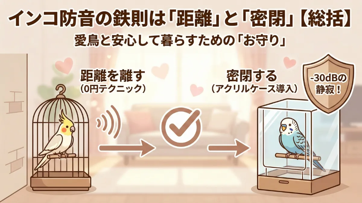 インコの防音対策の全体像を示すまとめ図。配置・アクリルケース・窓対策の3ステップで-30dBの防音を実現する方法。