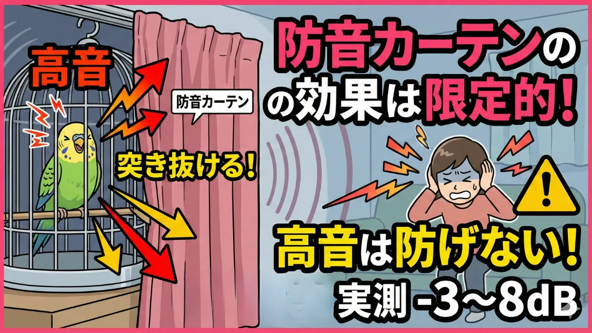 防音カーテンでは高音が突き抜ける様子。窓に重厚な防音カーテンがかかっているが、セキセイインコの甲高い鳴き声が貫通している。