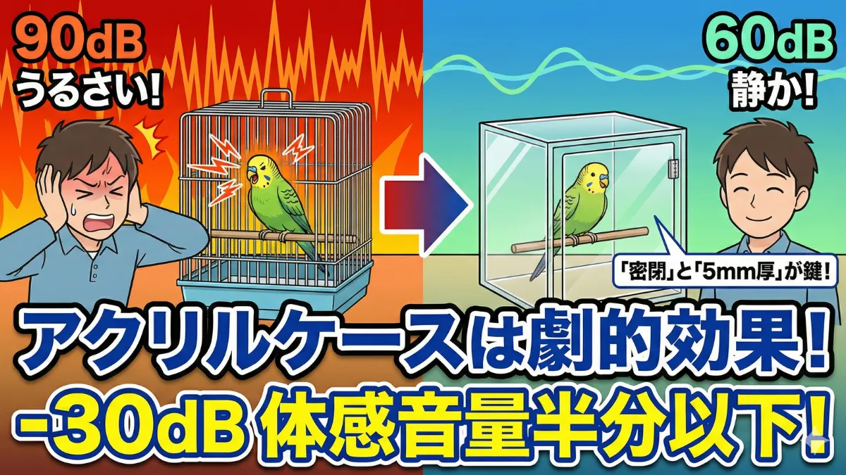 アクリルケースで防音されたインコのケージ。透明な5mm厚アクリル板が鳥かご全体を密閉し、鳴き声が-30dB軽減されている。