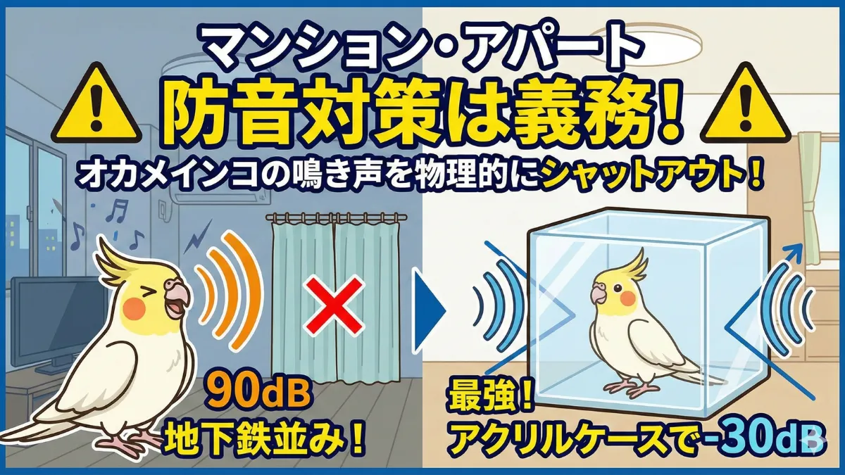 マンションやアパートでのオカメインコの防音対策を示す画像。アクリルケースと吸音材を組み合わせて物理的に音を遮断する方法を図解。