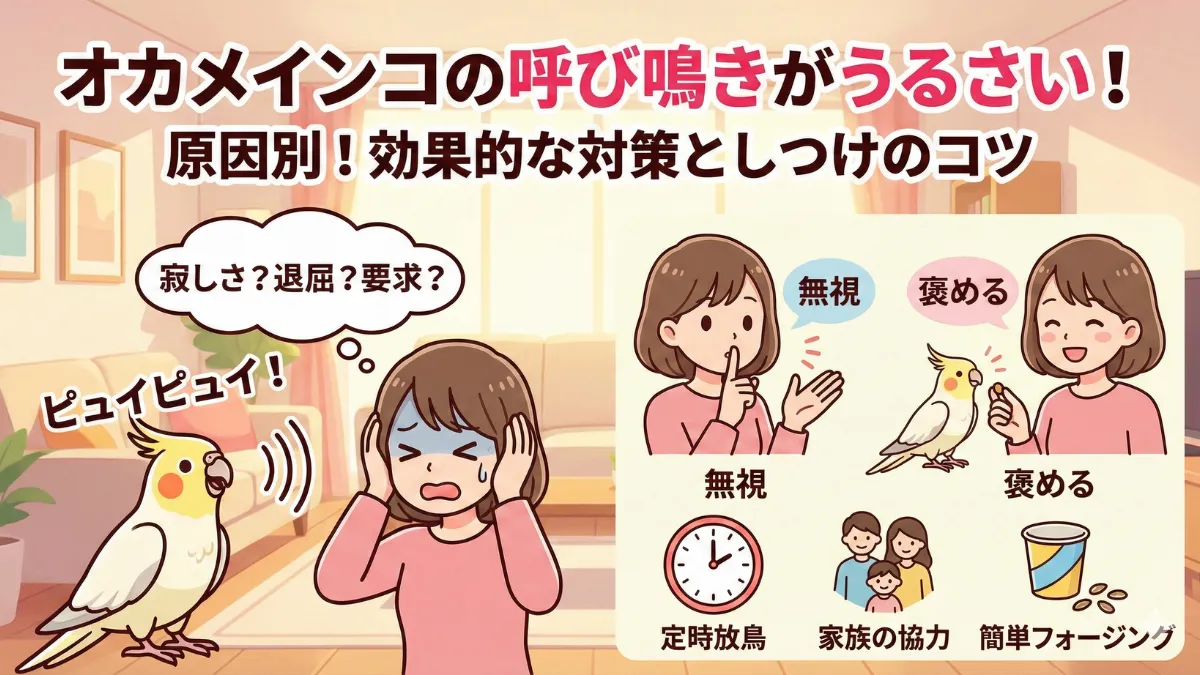 オカメインコの呼び鳴きがうるさい原因と対策を示す画像。飼い主が無視と褒めるを使い分けるしつけの方法を図解。