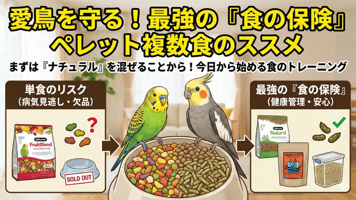 複数のペレットを食べられるインコの健康的な食事イメージ。フルーツブレンドとナチュラルとハリソンを混ぜたローテーション。食の保険で愛鳥を守る。