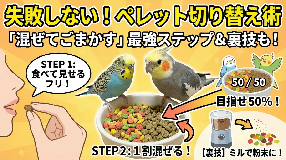 ペレット切り替えの成功ステップを示す画像。飼い主が食べて見せる演技、いつものご飯に1割混ぜる、徐々に比率を変える段階的な方法。