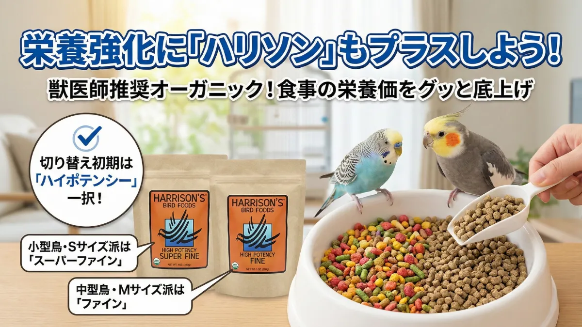 ハリソンペレットを混ぜて栄養強化する方法を示す画像。世界中の鳥専門獣医師が推奨するオーガニック原料のみ使用の最高品質ペレット。