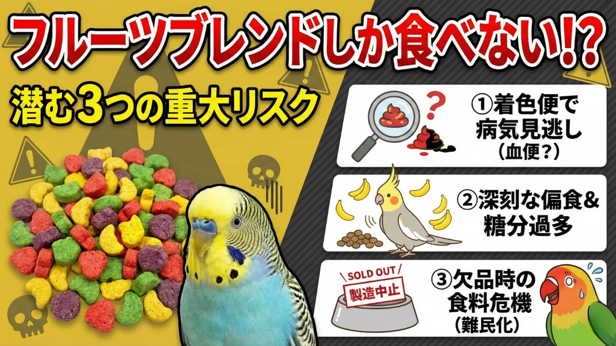 ズプリームフルーツブレンドだけを与える場合のリスクを示す画像。着色料による便の色変化、健康サインを見逃すリスク、製造中止時のペレット難民化の危険性。