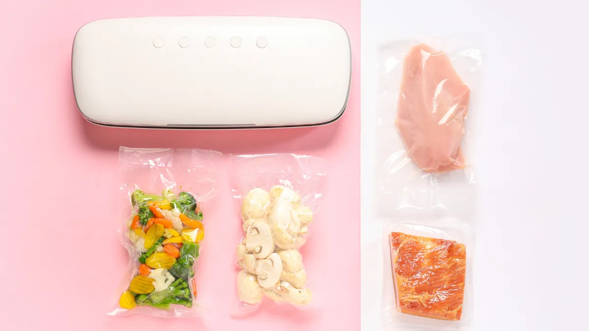 真空パック機でペレットを密閉している様子。吸引力調整機能つきの電動式真空パック機と専用袋を使用中。