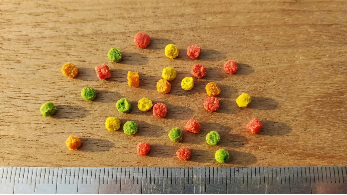 ズプリームSサイズの粒の大きさ。1円玉との比較でセキセイインコに最適なサイズ感を示す。