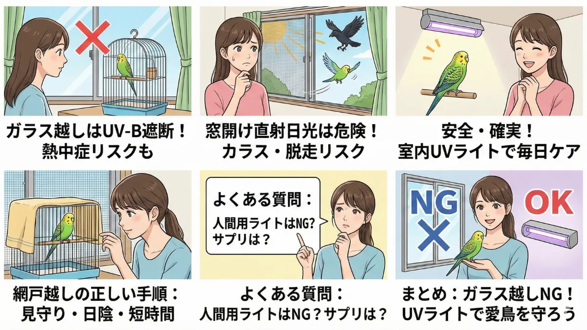 窓際に置かれたインコのケージ。ガラス越しの日光は紫外線UV-Bをカットするため健康効果が得られない。